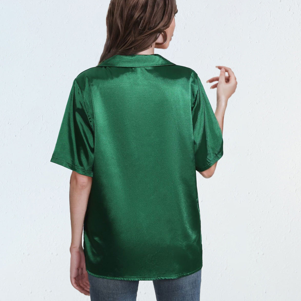 Damen kurzärmelige Bluse mit elegantem Knoten und glänzender Satin-Optik