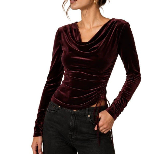 Damen Samtoberteil mit Wasserfallkragen, seitlicher Raffung und Schnürdetail Shop Nory