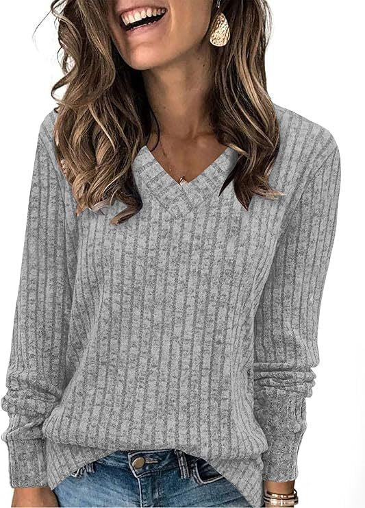 Damen Gerippter V‑Ausschnitt Feinstrickpullover mit lässiger Oversize-Passform Shop Nory