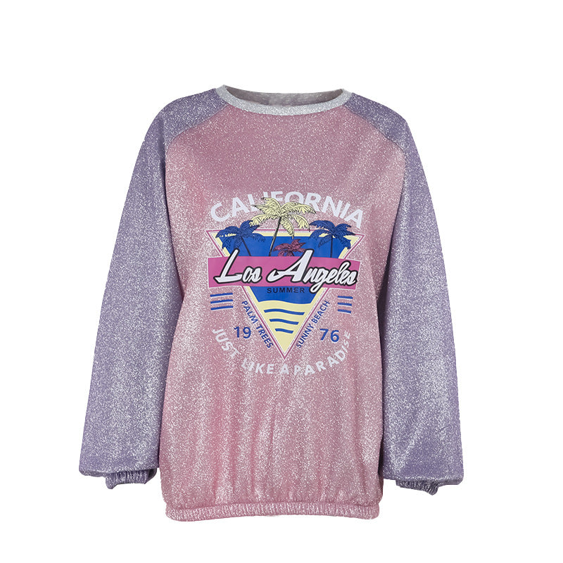 Damen Glitzerndes Oversize-Sweatshirt mit Raglanärmeln und Retro-Los-Angeles-Print Shop Nory