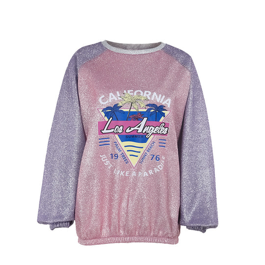 Damen Glitzerndes Oversize-Sweatshirt mit Raglanärmeln und Retro-Los-Angeles-Print Shop Nory