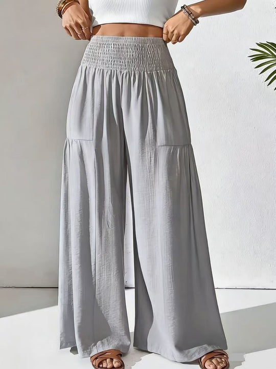 Damen weite Palazzo-Hose mit gerafftem Smock-Bund und Stufendetails Shop Nory