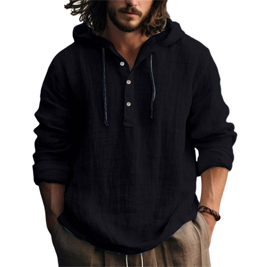 Herren Leichtes Kapuzenhemd im Leinenlook mit Henley-Knopfleiste Shop Nory