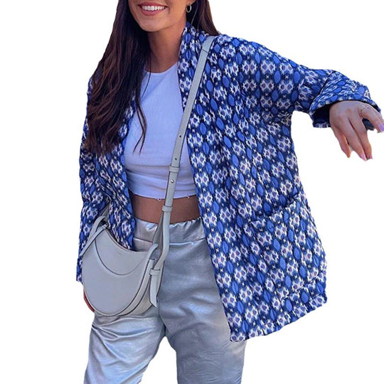 Damen Gemusterte Kimono-Steppjacke mit offener Front und aufgesetzten Taschen Shop Nory