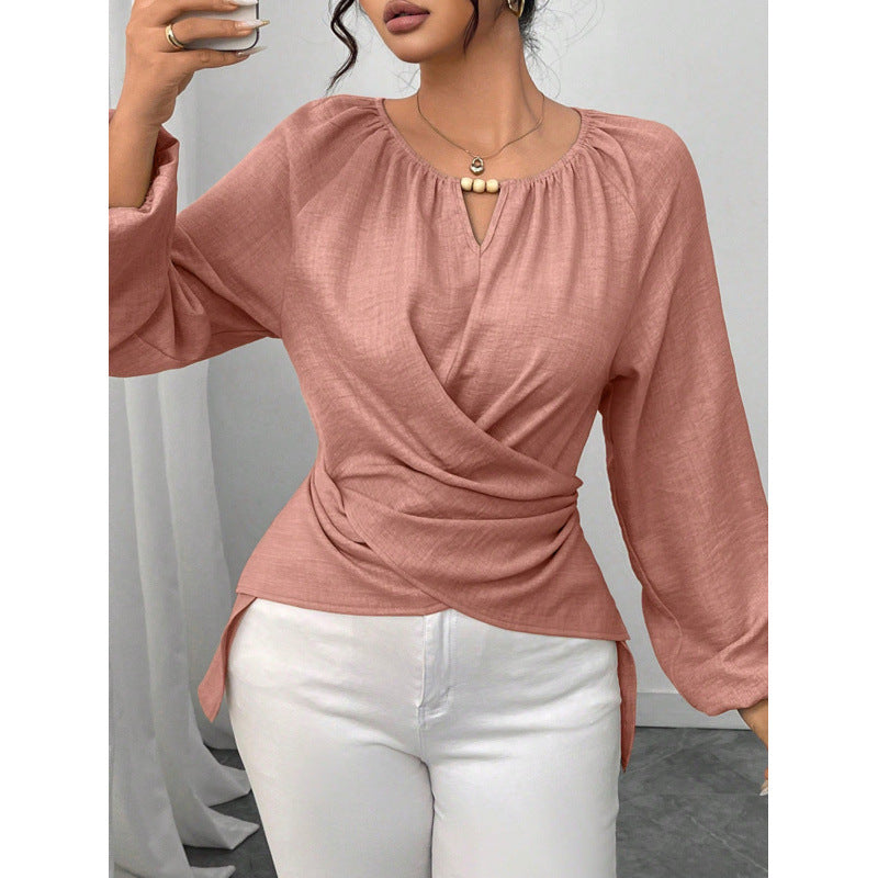 Damen Taillierte Wickelbluse mit Perlendetail und Ballonärmeln Shop Nory