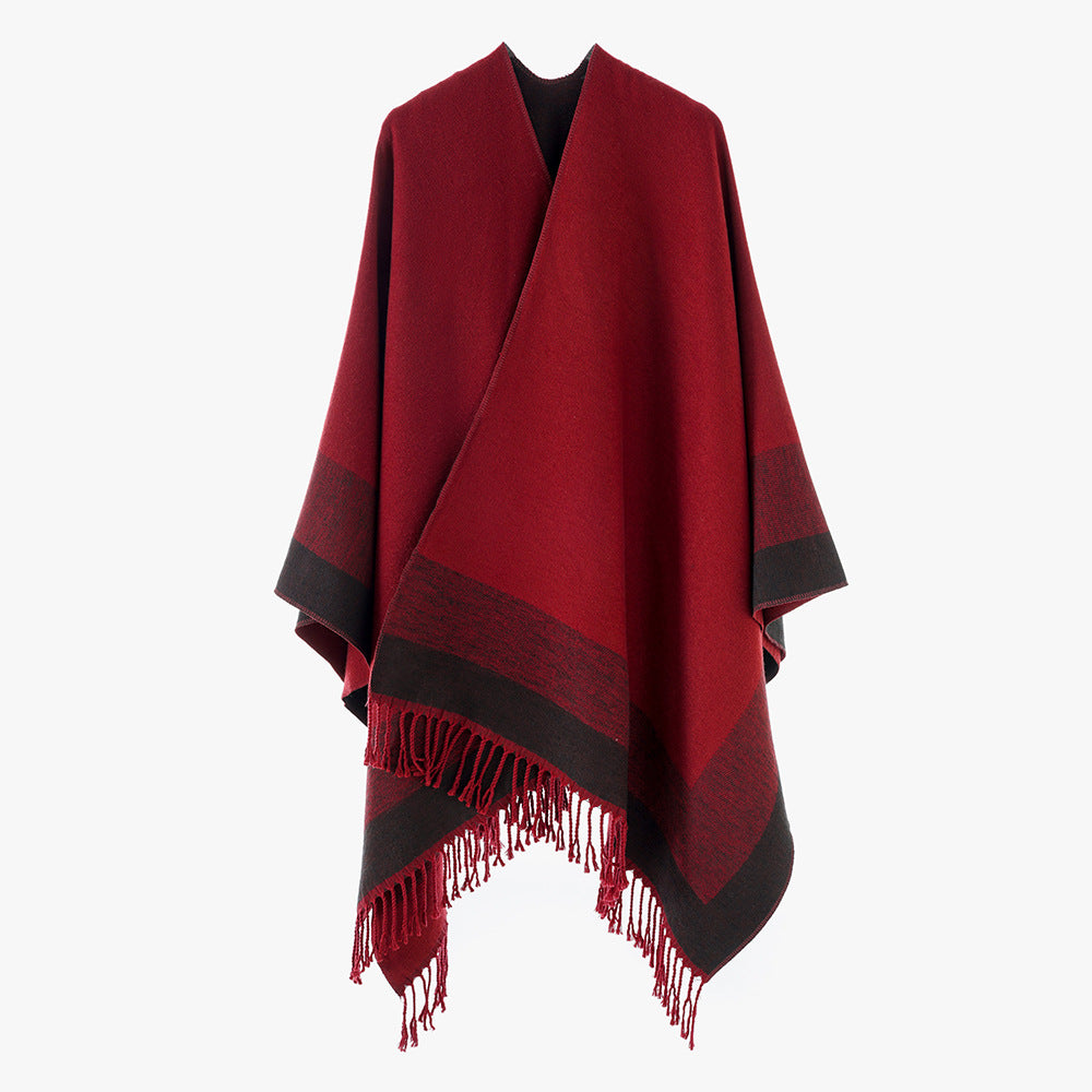 Damen Rechteckiger Wollmix‑Poncho mit offener Front, feiner Kettelnaht und Fransensaum Shop Nory