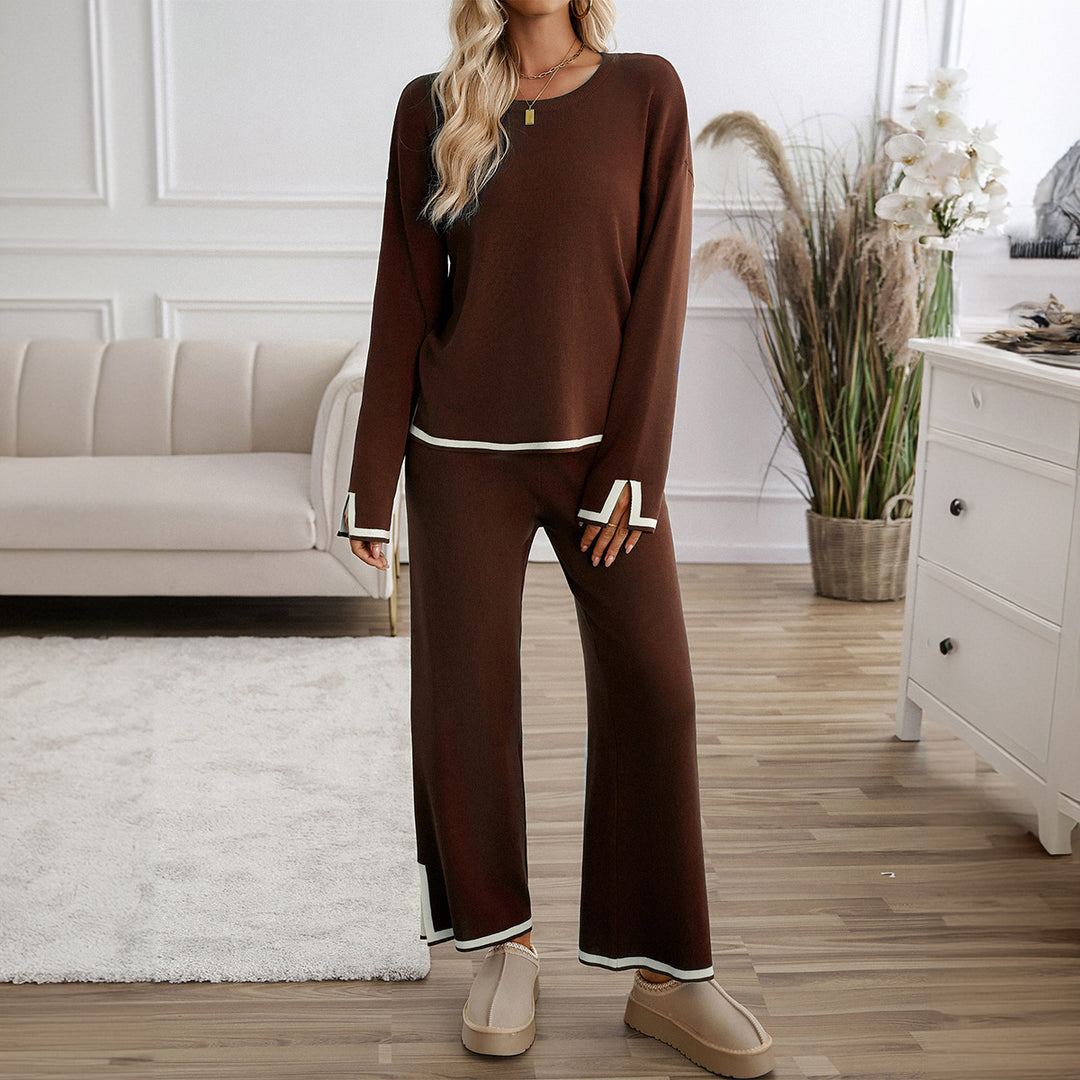 Damen nan entspanntes Lounge-Set mit weichem Rundhalsausschnitt, Kontrastpaspel und weiter Palazzohose Shop Nory