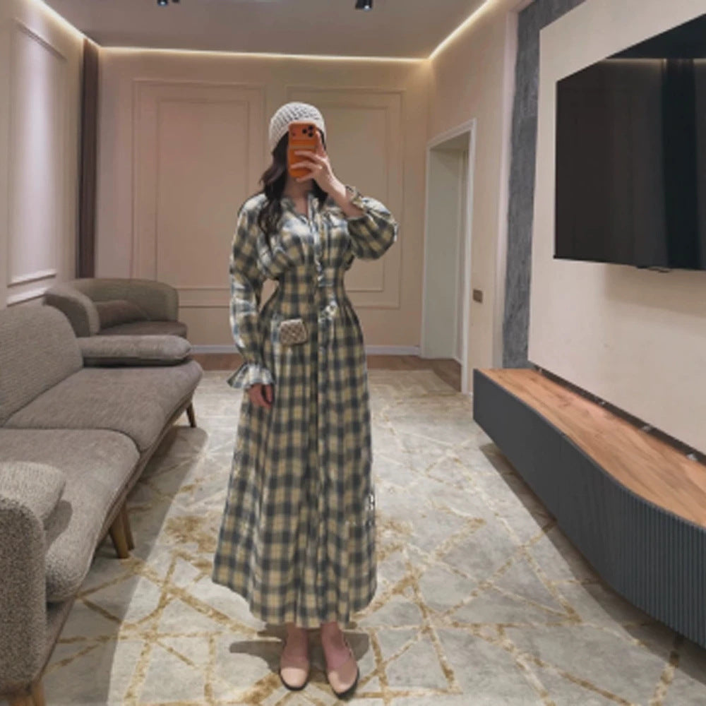 Damen Maxikleid im Karierten Hemdblusenstil mit Taillengürtel und Rüschenmanschetten Shop Nory