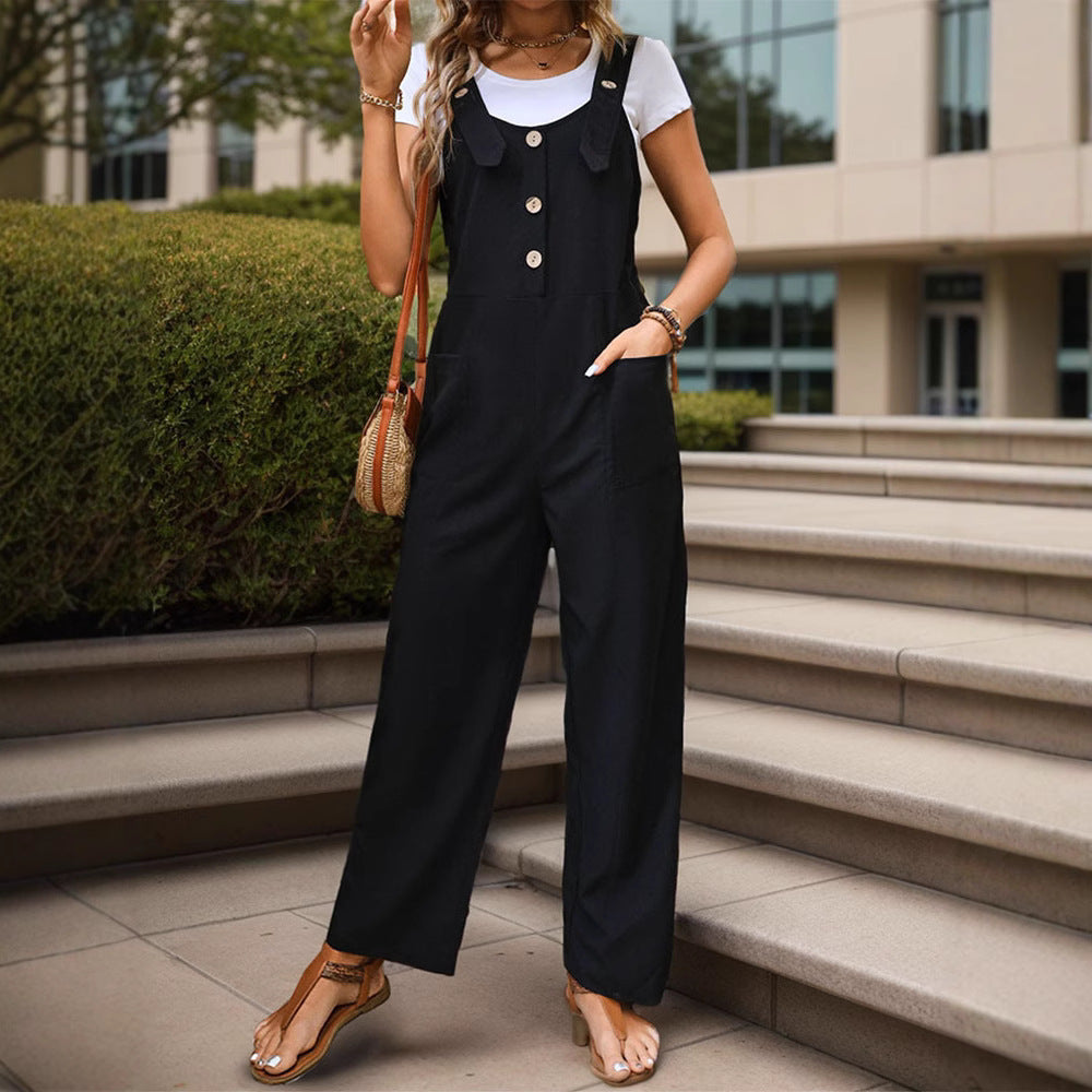 Damen Weichfallender Latz-Jumpsuit mit weitem Bein und Holzknopf‑Verschluss Shop Nory