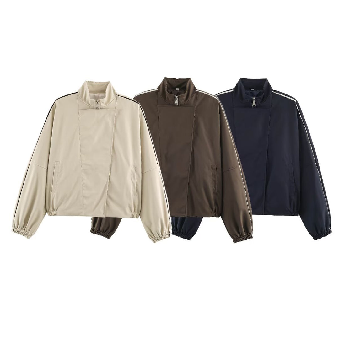 Damen Oversize Bomberjacke im Blouson‑Stil mit hohem Stehkragen, verdecktem Reißverschluss und Kontrastpaspel Shop Nory