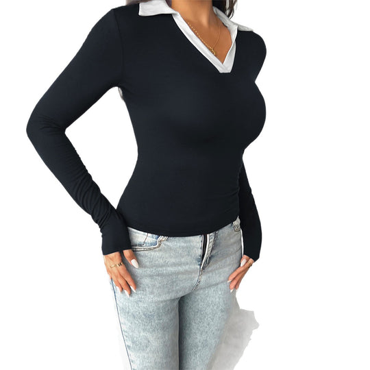 Damen nan tailliertes Longsleeve mit kontrastpolokragen und tiefem V-Ausschnitt Shop Nory