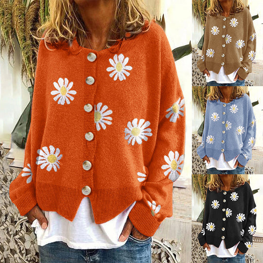 Damen Oversize Strickcardigan mit Knopfleiste und Gänseblümchen-Print Shop Nory