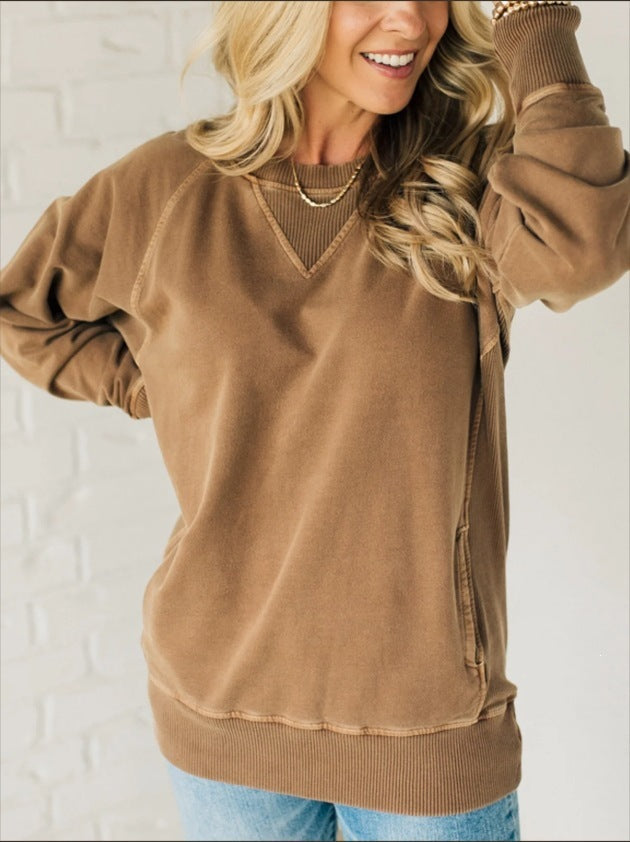 Damen Oversize Baumwoll-Sweatshirt mit V‑Stitch, Rippbündchen und Seitentaschen Shop Nory