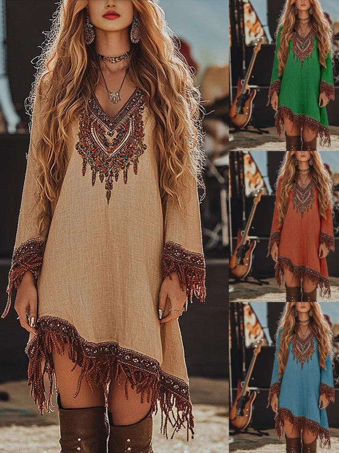 Damen Festival-Kleid mit kunstvollem Stickdesign und Fransen