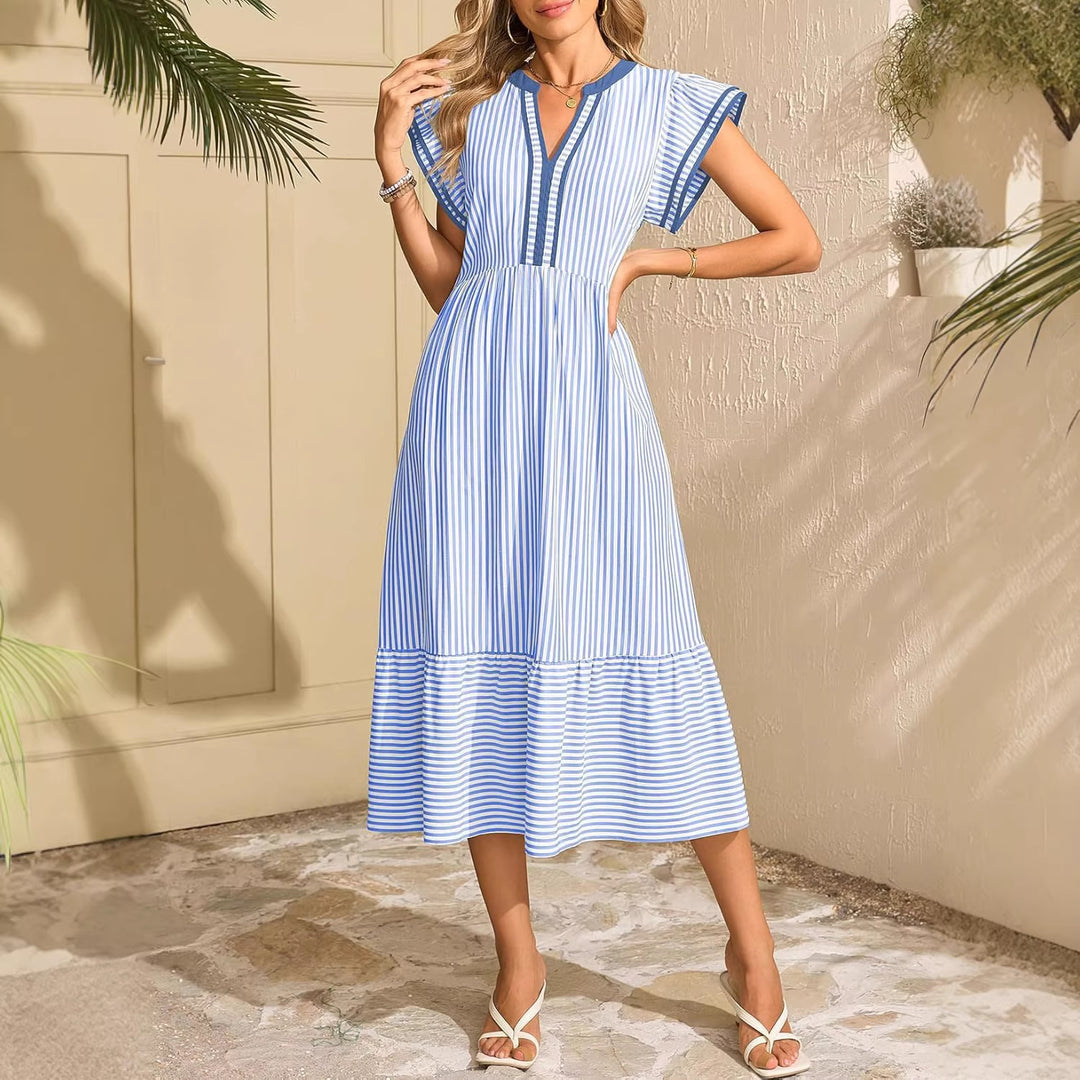 Damen Maritime Midikleid mit vertikalen Streifen, V-Ausschnitt und Volantstufe Shop Nory