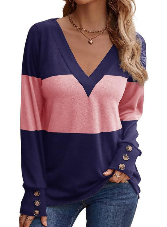 Damen Feinstrick-Pullover mit V‑Ausschnitt, Colorblock und Zierknopf‑Manschetten Shop Nory
