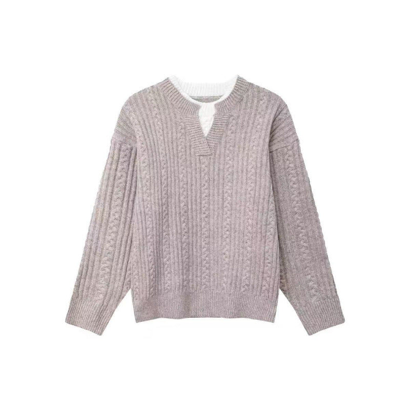 Damen Grobgestrickter Zopfmuster-Pullover mit V‑Ausschnitt und Lagen‑Optik Shop Nory