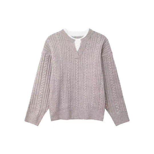 Damen Grobgestrickter Zopfmuster-Pullover mit V‑Ausschnitt und Lagen‑Optik Shop Nory