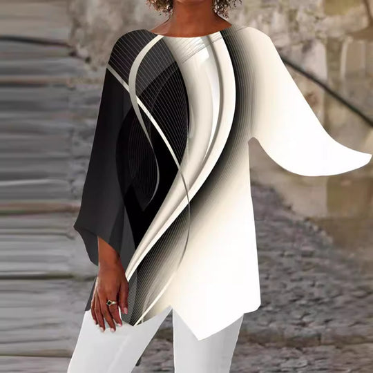 Damen asymmetrisches Langarmshirt mit Grafikdruck und Fledermausärmeln Shop Nory