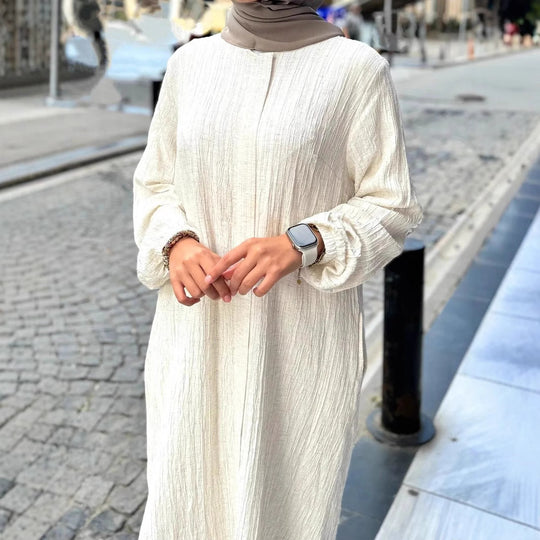 Damen Langes Crinkle-Kaftankleid mit Ballonärmeln und Stehkragenoptik Shop Nory