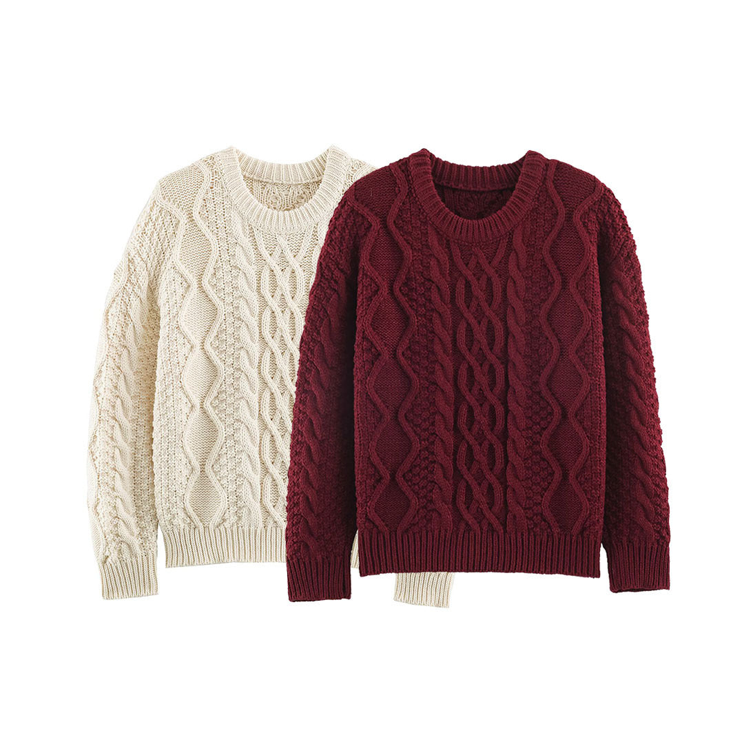 Damen Grobgestrickter Zopfstrick-Pullover mit Rundhals und Textur-Mix Shop Nory