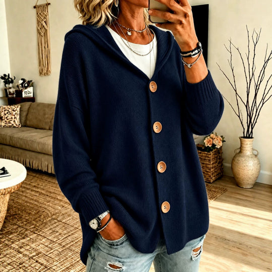 Damen Kapuzen-Cardigan Oversize mit Holzknöpfen und Rippbündchen Shop Nory