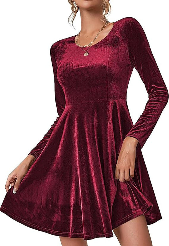 Damen Elegantes Samtkleid mit geschwungenem Saum und langen Ärmeln