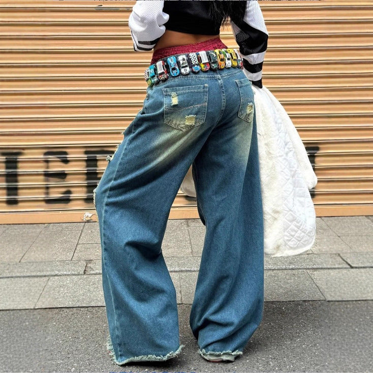 Damen weite Destroyed-Denim-Jeans mit Neonfransen-Applikation Shop Nory
