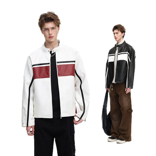 Herren Kontrast-Kunstleder-Bikerjacke mit Stehkragen und Zip-Ärmeln Shop Nory