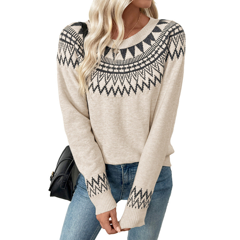 Damen Norweger-Statement Strickpullover mit Rundhalsausschnitt, Jacquard-Yoke und verlängerten Bündchen Shop Nory