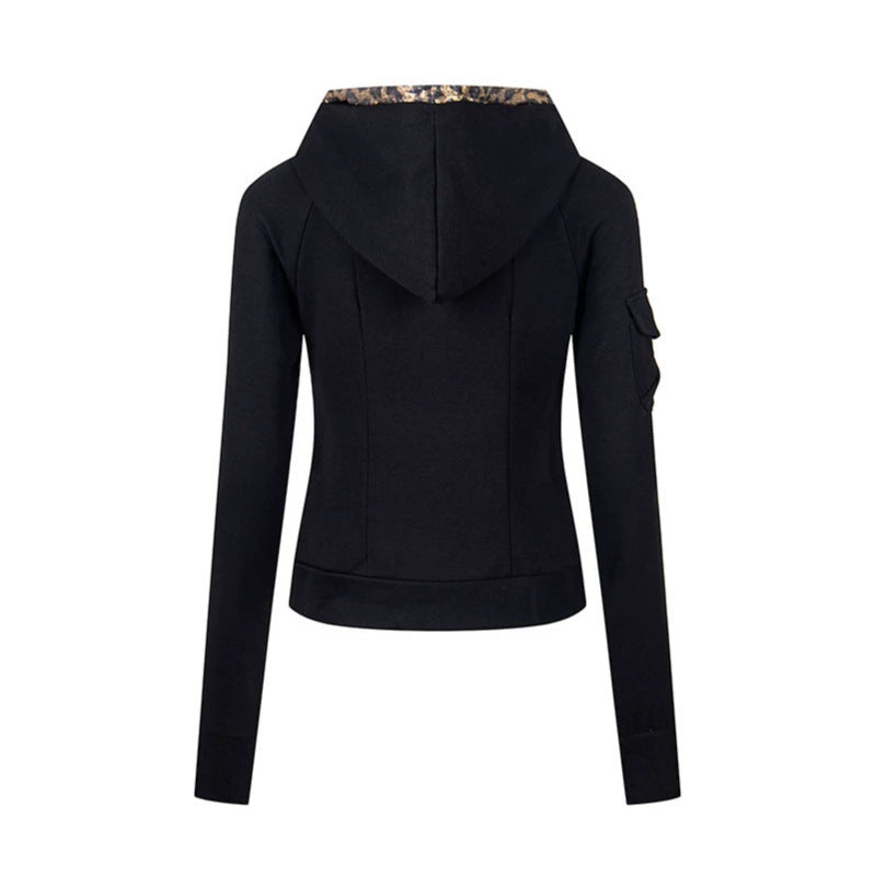 Damen Lagenlook-Zip-Hoodie mit metallischem Leoparden-Innenfutter und schmaler Silhouette Shop Nory