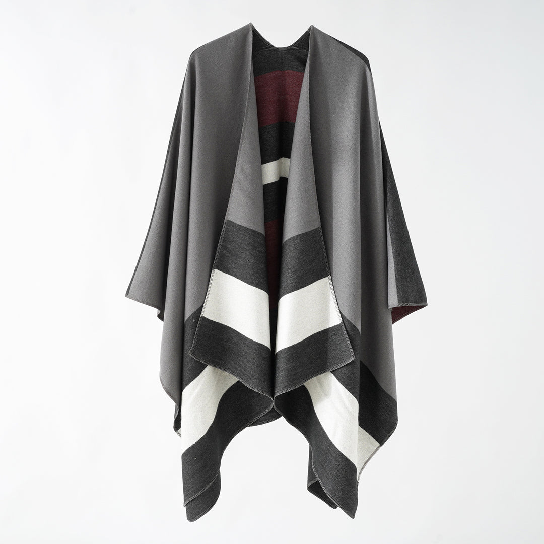 Damen Oversize-Ruana im Cape‑Stil aus Wolloptik mit geometrischen Blockstreifen Shop Nory