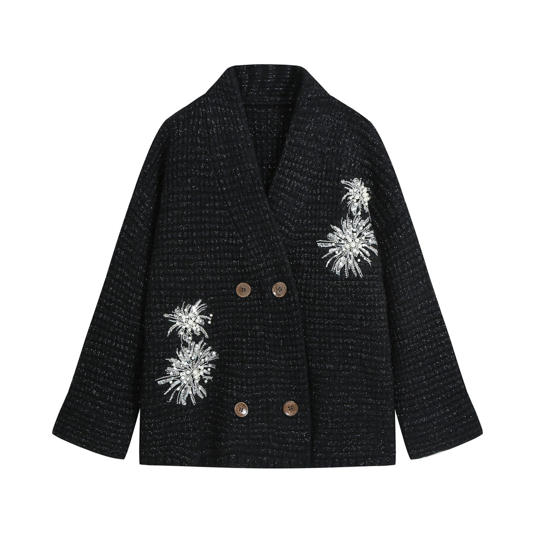 Damen Grobgestrickter Double-Breasted Cardigan-Mantel mit Schalkragen und Perlen‑Pailletten-Applikation Shop Nory
