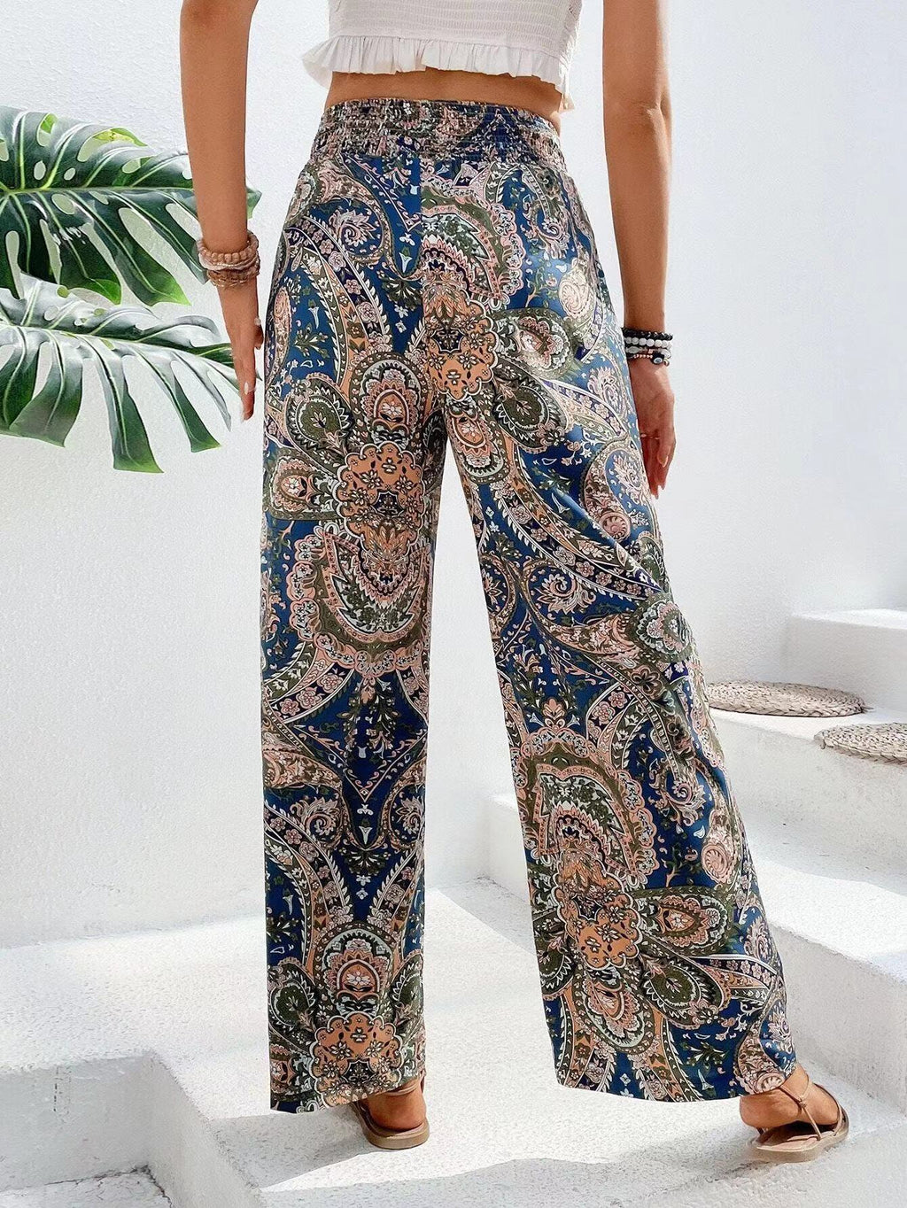Damen weite Palazzo-Hose mit elastischem Bund und paisley Muster