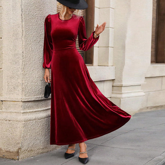 Damen elegantes Samt-Maxikleid mit taillierter Corsage, langen Ballonärmeln und fließender A-Linien-Rock Shop Nory