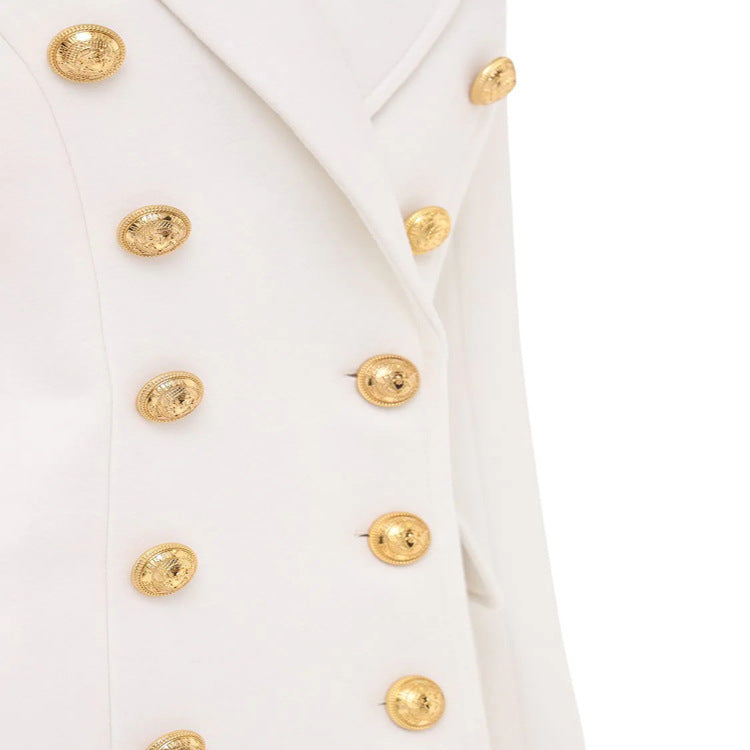 Damen Schmalgeschnittener Zweireihiger Wollmix-Longcoat mit markanter Schulter und goldenen Zierrundknöpfen Shop Nory