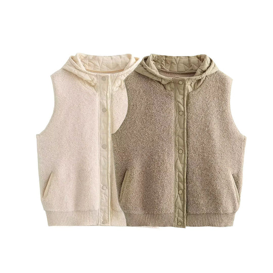 Damen Wattierte Wollmix-Weste mit Kapuze und Druckknopfleiste Shop Nory