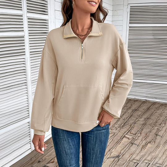 Damen Leichtes Halbzip-Sweatshirt im Relaxed-Fit mit Kängurutasche und Stehkragen Shop Nory