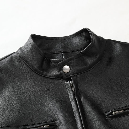 Herren Schmale Lederjacke im Urban-Bikerstil mit Stehkragen und Brust-Reißverschlusstaschen Shop Nory