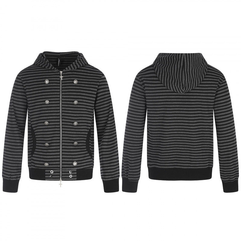 Unisex Gestreifte Kapuzen‑Zipjacke im doppelreihigen Look mit Metallknöpfen Shop Nory