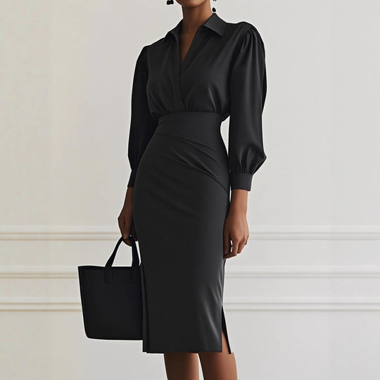 Damen Hemdblusen-Etuikleid mit V‑Wickel, Puffärmeln und taillierter Midilänge Shop Nory