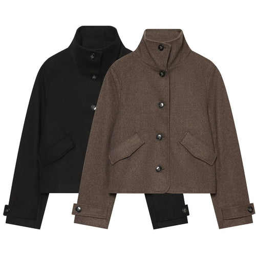 Damen Cropped Boxy-Jacke mit hohem Stehkragen, Knopfleiste und aufgesetzten Pattentaschen Shop Nory