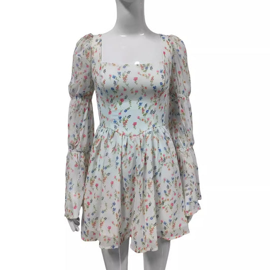 Damen Sommerliches Chiffon-Minikleid mit quadratischem Ausschnitt, Puffärmeln und taillierter Empire-Linie Shop Nory