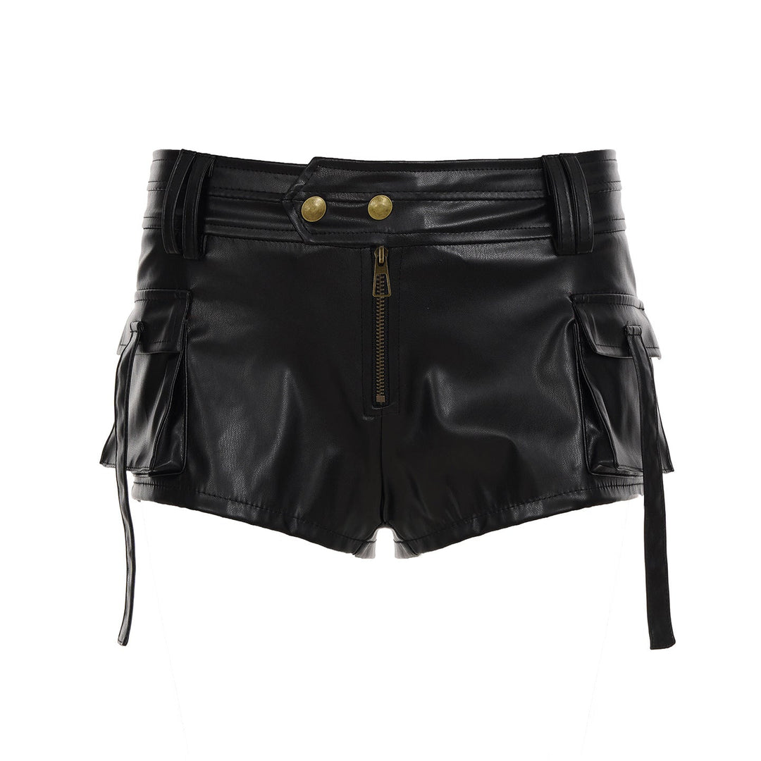 Damen Kunstleder-Shorts mit dekorativen Knopfdetails