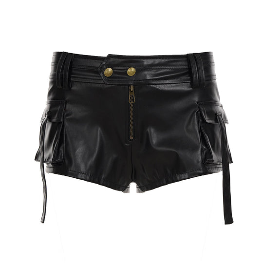 Damen Kunstleder-Shorts mit dekorativen Knopfdetails