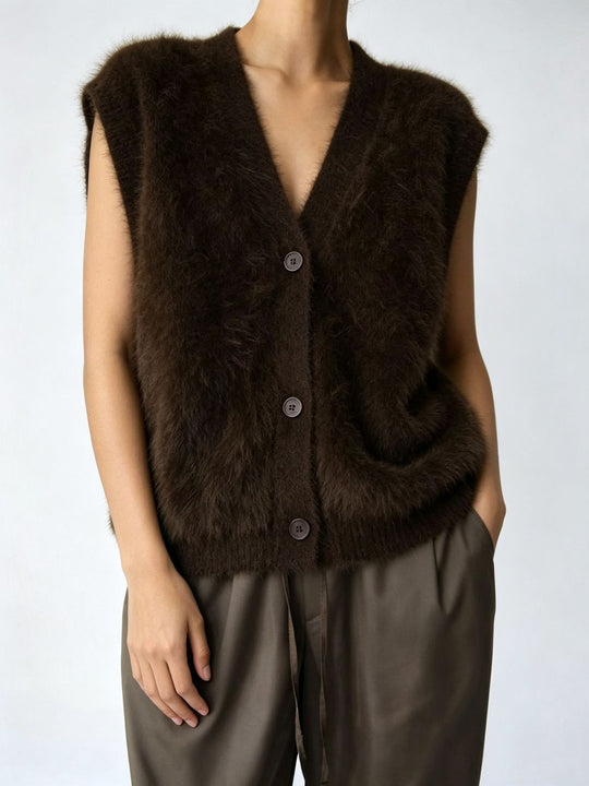 Damen Flauschige ärmellose Knopf‑Weste aus Mohairmix mit tiefem V-Ausschnitt Shop Nory