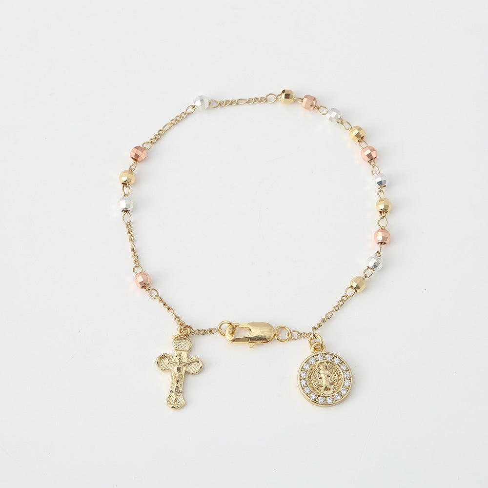 Filigranes Religiöses Armband mit Kreuz und Marienmedaille, Vergoldetes Edelstahl-Rosario