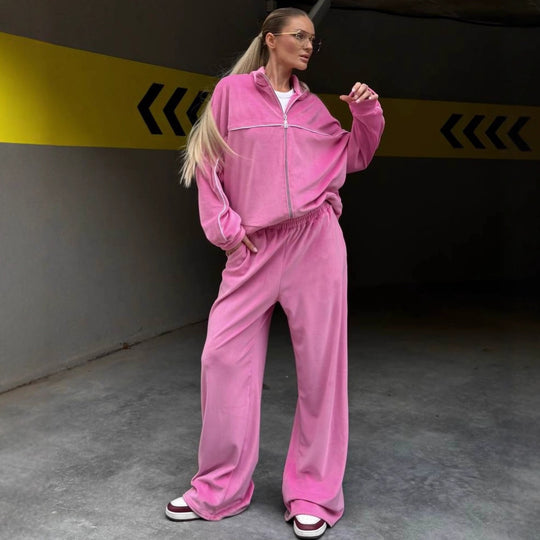 Damen Relaxed-Fleece-Set mit halblanger Zipjacke und extraweiter High-Waist Jogginghose Shop Nory