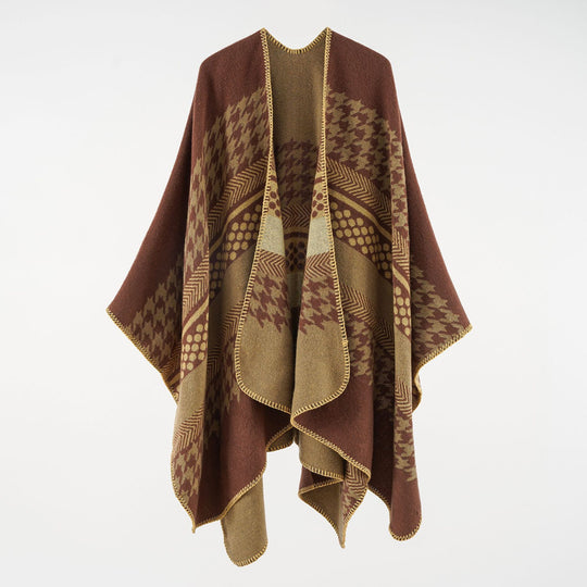 Damen Wohliger Oversize-Umhangponcho aus Wollmix mit Hahnentritt- und Grafikjacquard Shop Nory