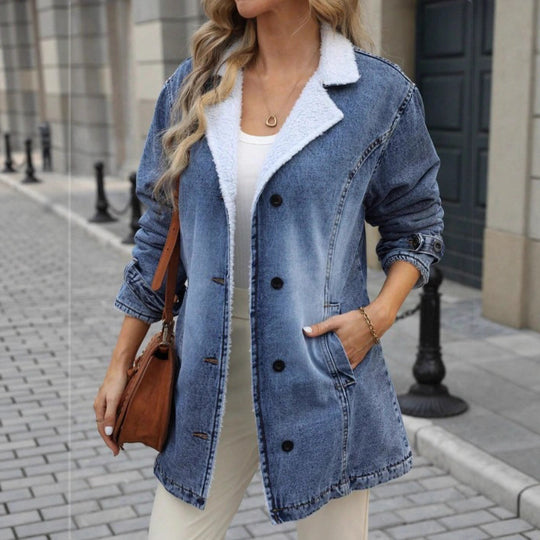 Damen Oversize-Denimjacke mit Teddyfutter, Knopfleiste und aufgesetzten Taschen Shop Nory